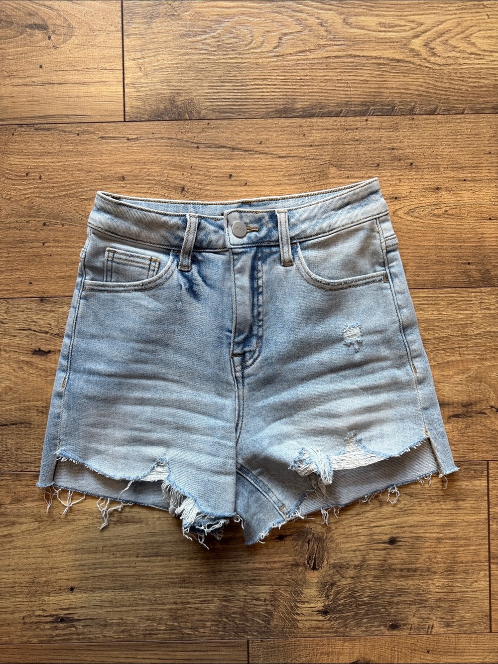 Light Blue High-Rise Distressed Denim Shorts